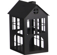 Photophore en métal en forme de maison avec découpes de fenêtres décoratives et toit à deux pans.