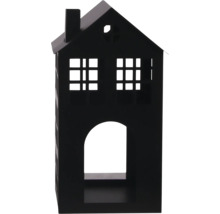 Maison décorative en métal noir avec cheminée, fenêtres à croisillons et ouverture voûtée.