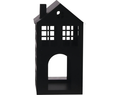 Maison décorative en métal noir avec cheminée, fenêtres à croisillons et ouverture voûtée.