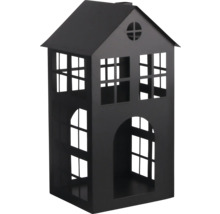 Lanterne décorative noire en forme de maison en métal avec des découpes de fenêtres.