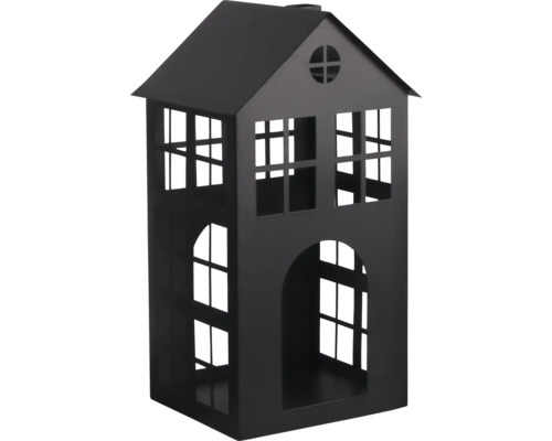 Lanterne décorative noire en forme de maison en métal avec des découpes de fenêtres.