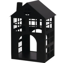 Lanterne noire en forme de maison en métal avec fenêtres et cheminée.