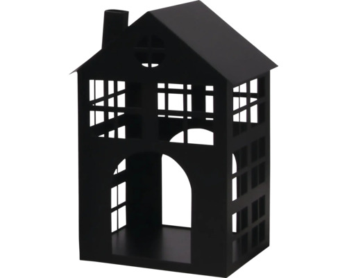 Lanterne noire en forme de maison en métal avec fenêtres et cheminée.