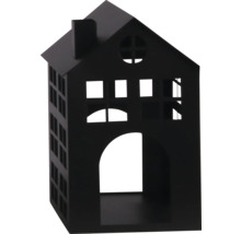 Maison décorative noire en métal avec fenêtres découpées et cheminée.