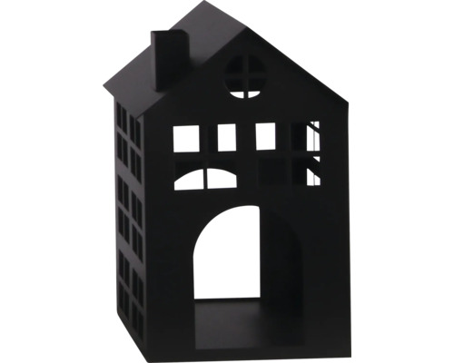 Maison décorative noire en métal avec fenêtres découpées et cheminée.