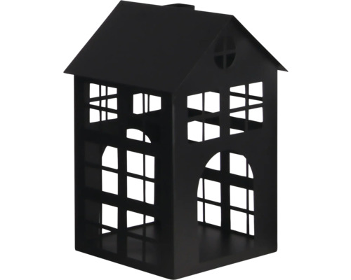 Lanterne en métal noir en forme de maison avec des découpes de fenêtres décoratives pour l'intérieur et l'extérieur.