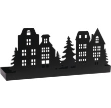 Schwarze Metalldekoration mit Silhouette von Häusern und Tannenbäumen, Teelichthalter für die Winterzeit.