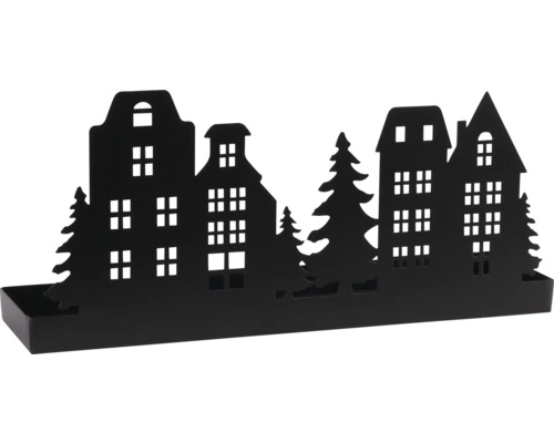 Schwarze Metalldekoration mit Silhouette von Häusern und Tannenbäumen, Teelichthalter für die Winterzeit.