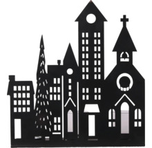 Teelichthalter Häusersilhouette aus Metall mit Motiven von Kirche und Tannenbaum.