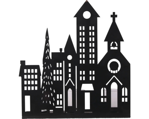 Teelichthalter Häusersilhouette aus Metall mit Motiven von Kirche und Tannenbaum.