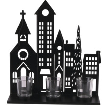 Schwarzer Teelichthalter aus Metall mit Silhouette einer Stadt und drei Gläsern für Teelichter.