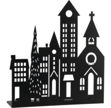 Schwarze Stadtsilhouette aus Metall mit verschiedenen Gebäuden, einer Kirche und einem Tannenbaum.