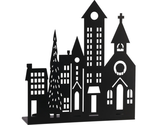 Schwarze Stadtsilhouette aus Metall mit verschiedenen Gebäuden, einer Kirche und einem Tannenbaum.