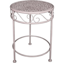 Runder Beistelltisch aus Metall für den Garten mit einer Tischplatte aus strukturiertem Glas und dekorativen Verzierungen.