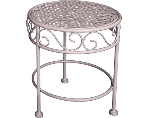 Runder weisser Beistelltisch aus Metall für den Garten mit Ornamenten und gitterartiger Tischplatte.