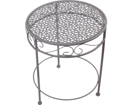Runder Beistelltisch aus grauem Metall für Garten und Balkon mit dekorativem Lochmuster und Ornamenten.