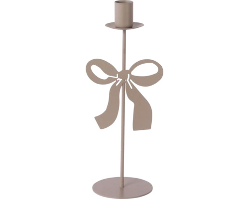 Stabkerzenhalter aus Metall mit dekorativer Schleife, runder Standfuß, beige.