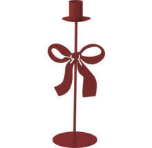 Roter Kerzenständer aus Metall mit dekorativer Schleife und rundem Fuß.