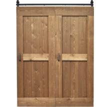 Double porte coulissante en bois au design rustique avec rail de guidage noir et poignées.