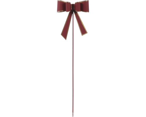 Rote Dekoschleife am Stab mit goldfarbenem Rand, Weihnachtsdekoration für den Garten oder Blumentöpfe.