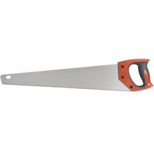 Fuchsschwanz Handsäge mit einem Sägeblatt aus Stahl und einem ergonomischen Griff aus Kunststoff in Orange und Grau.