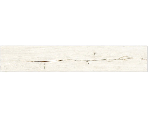 Texture de bois blanc avec veinure marquée et une fissure horizontale continue.
