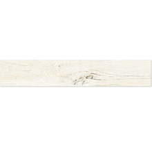 Planche de sol claire aspect bois avec veinage et nœud.