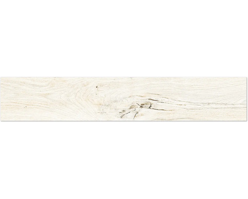 Planche de sol claire aspect bois avec veinage et nœud.