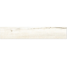 Carreau de sol rectangulaire allongé avec un aspect bois clair, montrant le grain du bois et des nœuds.