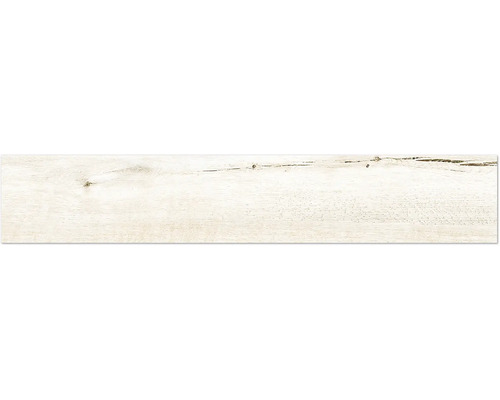 Carreau de sol rectangulaire allongé avec un aspect bois clair, montrant le grain du bois et des nœuds.