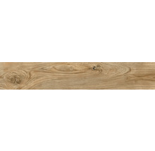 Feinsteinzeugfliese in Holzoptik mit natürlicher Maserung und Astlöchern.