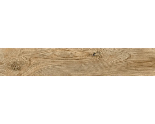 Feinsteinzeugfliese in Holzoptik mit natürlicher Maserung und Astlöchern.