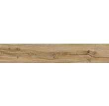 Feinsteinzeug Bodenfliese in Holzoptik mit natürlicher Maserung und Astlöchern.