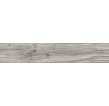 Bodenfliese in Holzoptik mit Maserung und Astlöchern in Grau.
