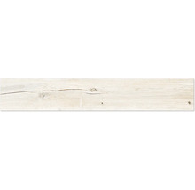 Carrelage de sol clair aspect bois avec veinage, nœuds et structure fissurée.