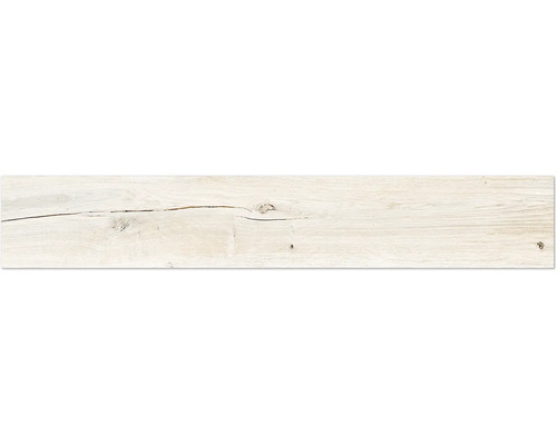 Carrelage de sol clair aspect bois avec veinage, nœuds et structure fissurée.