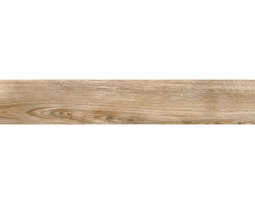 Feinsteinzeugfliese in Holzoptik mit natürlicher Maserung und Astlöchern.