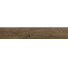 Bodenbelag in dunkler Holzoptik mit natürlicher Maserung und Astlöchern.