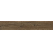 Dunkelbrauner Bodenbelag in Holzoptik mit Maserung, Astlöchern und Rissen.