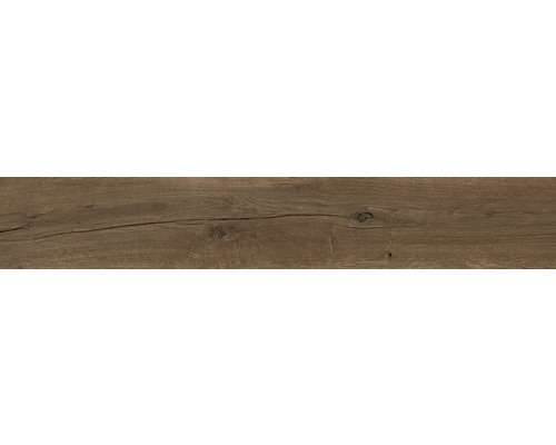 Dunkelbrauner Bodenbelag in Holzoptik mit Maserung, Astlöchern und Rissen.