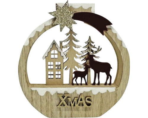 Weihnachtsdekoration aus Holz, kreisförmig mit Haus, Tannen, Rentieren, Sternschnuppe und dem Schriftzug XMAS.