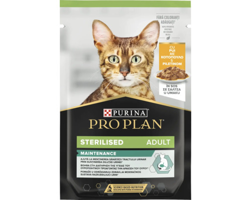 Purina Pro Plan Sterilised Adult Maintenance Katzenfutter mit Huhn in Soße im Beutel.