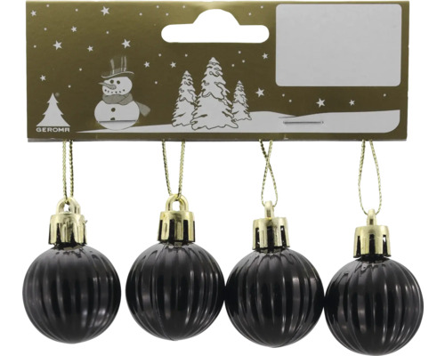 Vier geriffelte Weihnachtskugeln in Schwarz mit goldfarbenen Aufhängern und Geroma Logo auf der Verpackung.