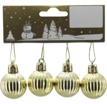 Vier goldene Weihnachtskugeln mit geriffelter Oberfläche.