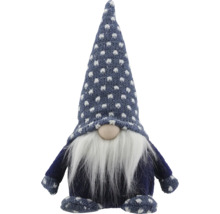 Weihnachts-Wichtel aus Stoff mit blau-weiss gestrickter Zipfelmütze, langem weissem Bart und runder Nase.