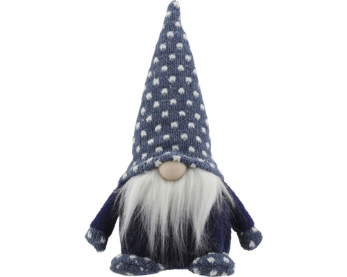 Weihnachts-Wichtel aus Stoff mit blau-weiss gestrickter Zipfelmütze, langem weissem Bart und runder Nase.