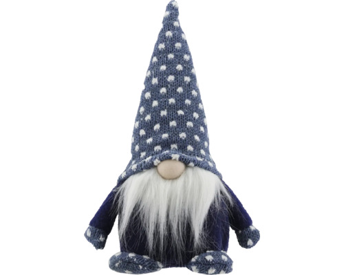 Dekofigur Weihnachtswichtel aus Stoff mit blau-weiß gepunkteter Strickmütze und langem weißem Bart.
