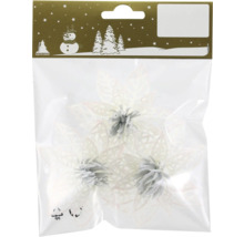 Künstliche Weihnachtsblumen in Weiss mit Glitzer, drei Stück in der Packung, für Weihnachtsdekorationen.