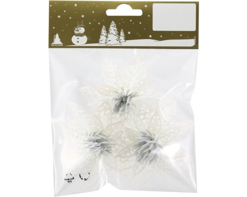Künstliche Weihnachtsblumen in Weiss mit Glitzer, drei Stück in der Packung, für Weihnachtsdekorationen.