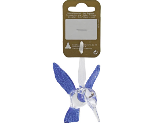 Kolibri-Anhänger aus Glas mit blauem Glitzer, Dekorationsartikel, kein Spielzeug, Geroma Logo.